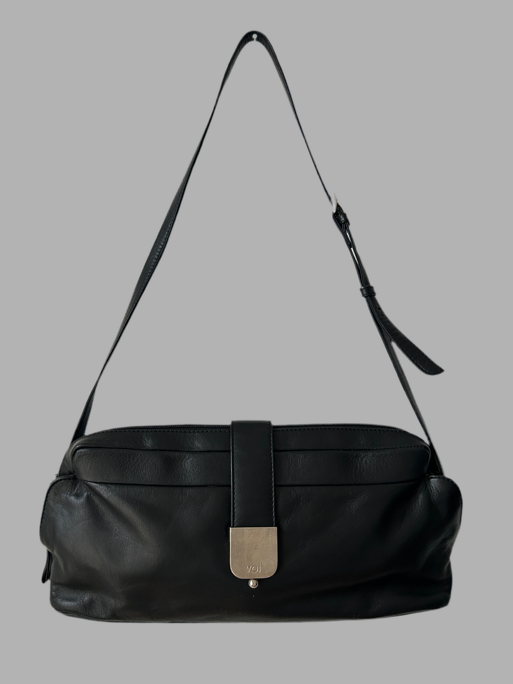Minimalistic black real leather shoulder bag