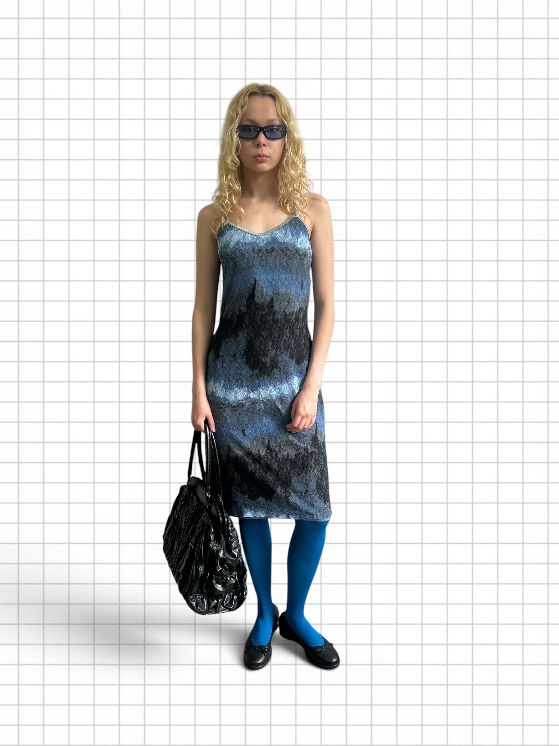 Y2K 2000s lace blue print dress