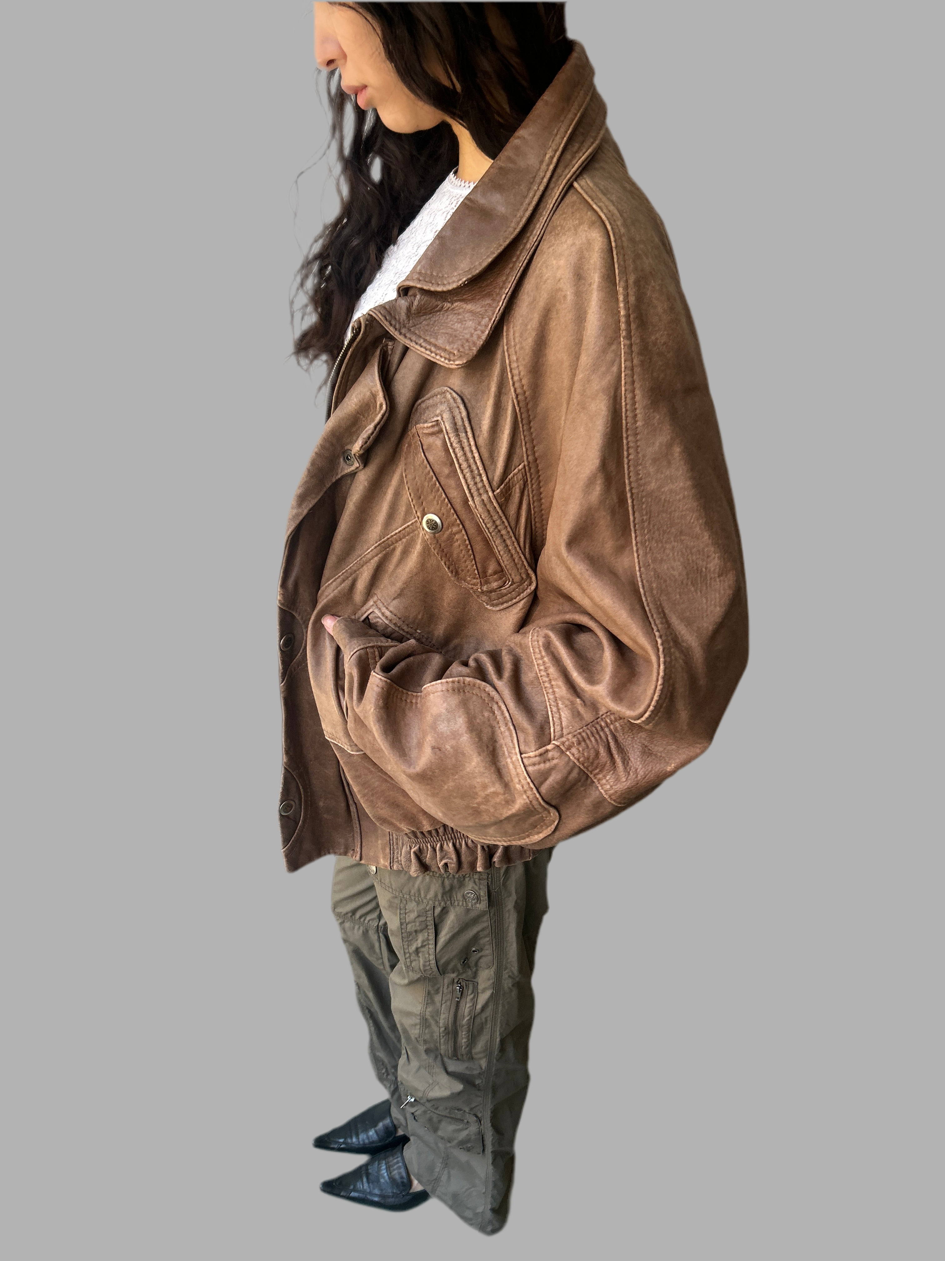 Vintage oversized brown real leather jacket