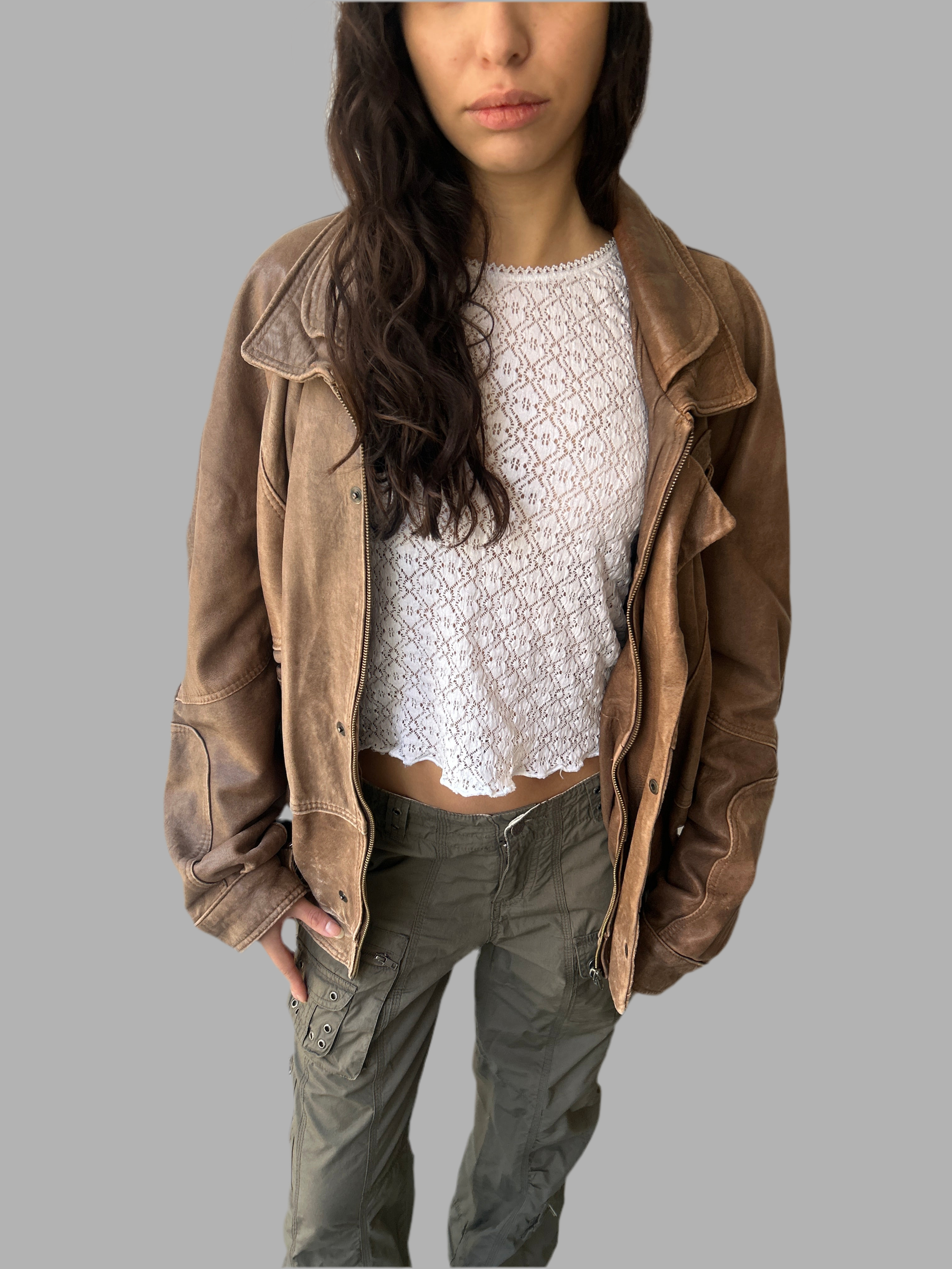 Vintage oversized brown real leather jacket