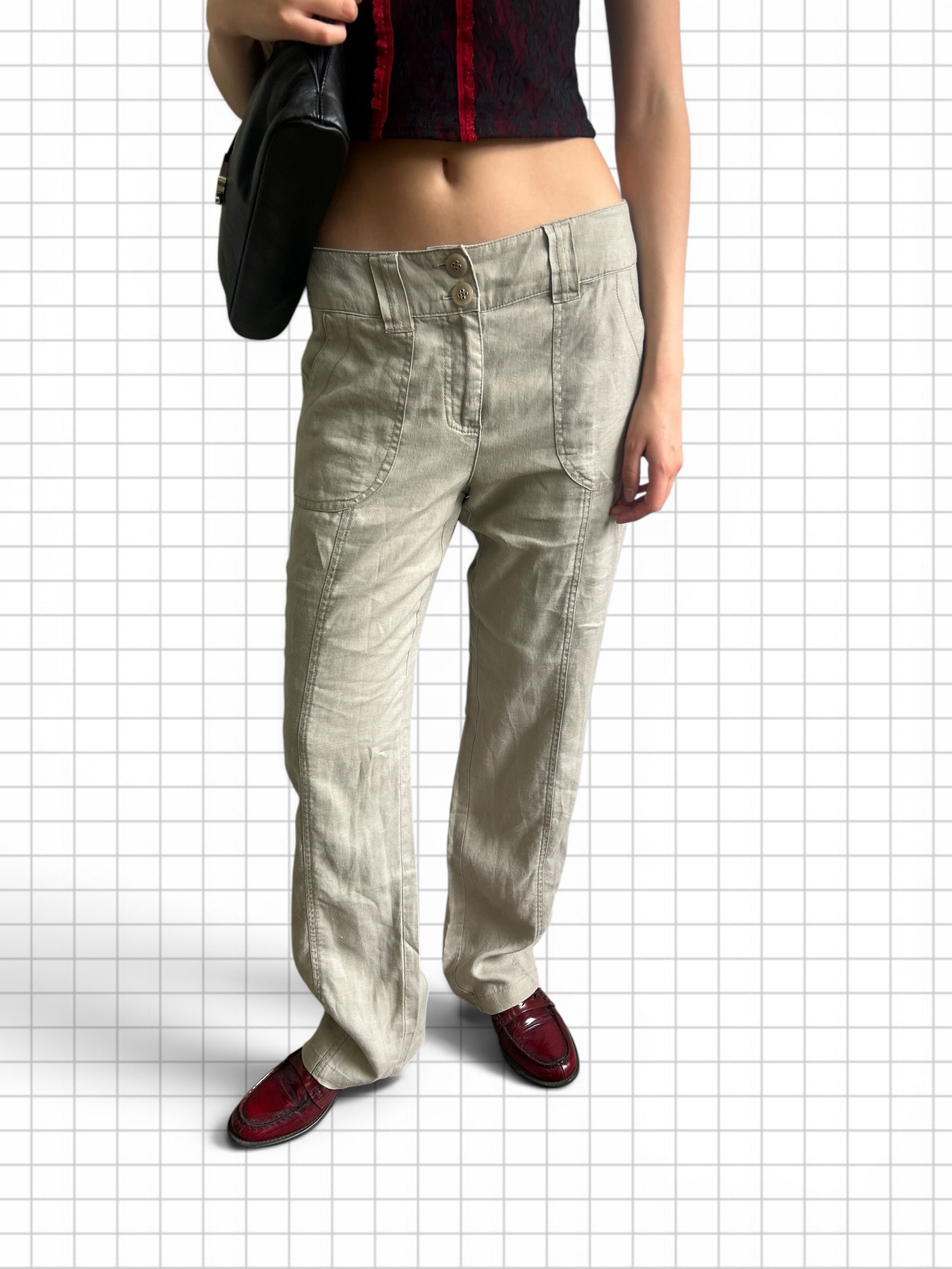 Wieder Wieder low-rise beige linen-blend straight-leg trousers with double-button closure and front seam detailing.