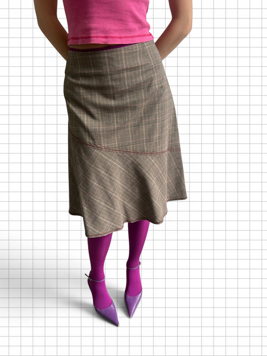 Wieder Wieder vintage brown glen plaid midi skirt with asymmetrical drop-waist seam and contrast stitching