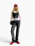 Wieder Wieder charcoal grey tailored straight-leg trousers worn by a model with a black lace corset and pink shirt