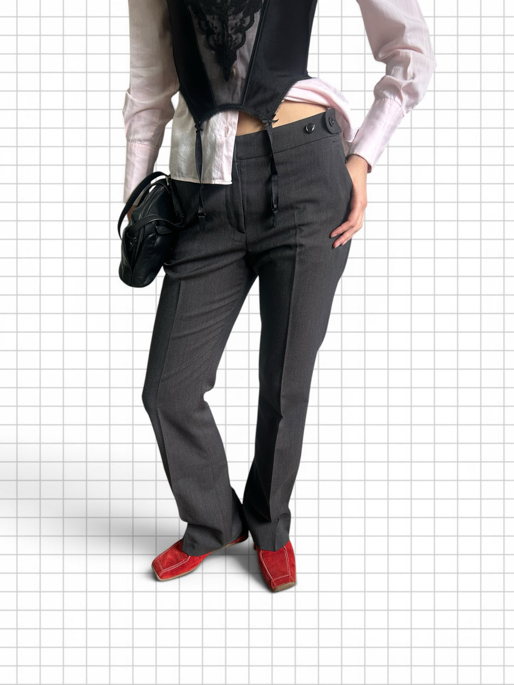 Wieder Wieder charcoal grey tailored straight leg trousers with pressed creases and button closure on a model