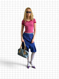 Wieder Wieder denim-look handbag with tan handles held by a model in a Y2K-inspired outfit against a grid background.