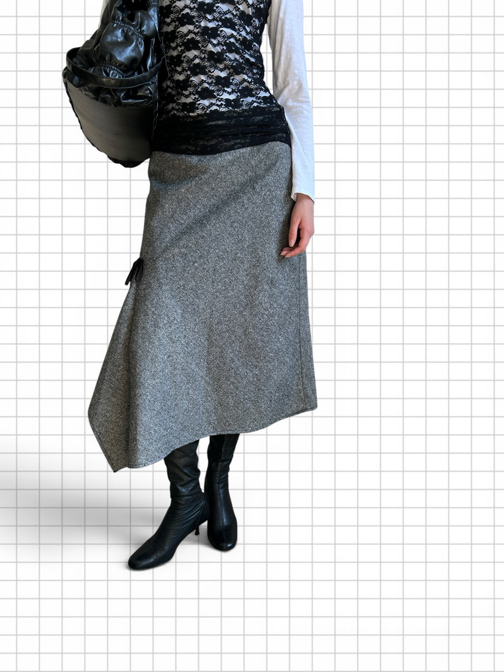 Wieder Wieder grey wool-blend midi skirt with an asymmetrical hem and side ribbon detail worn with black boots