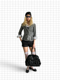 Wieder Wieder grey tailored blazer with striped cuffs worn with black shorts, beanie, and handbag on a grid background