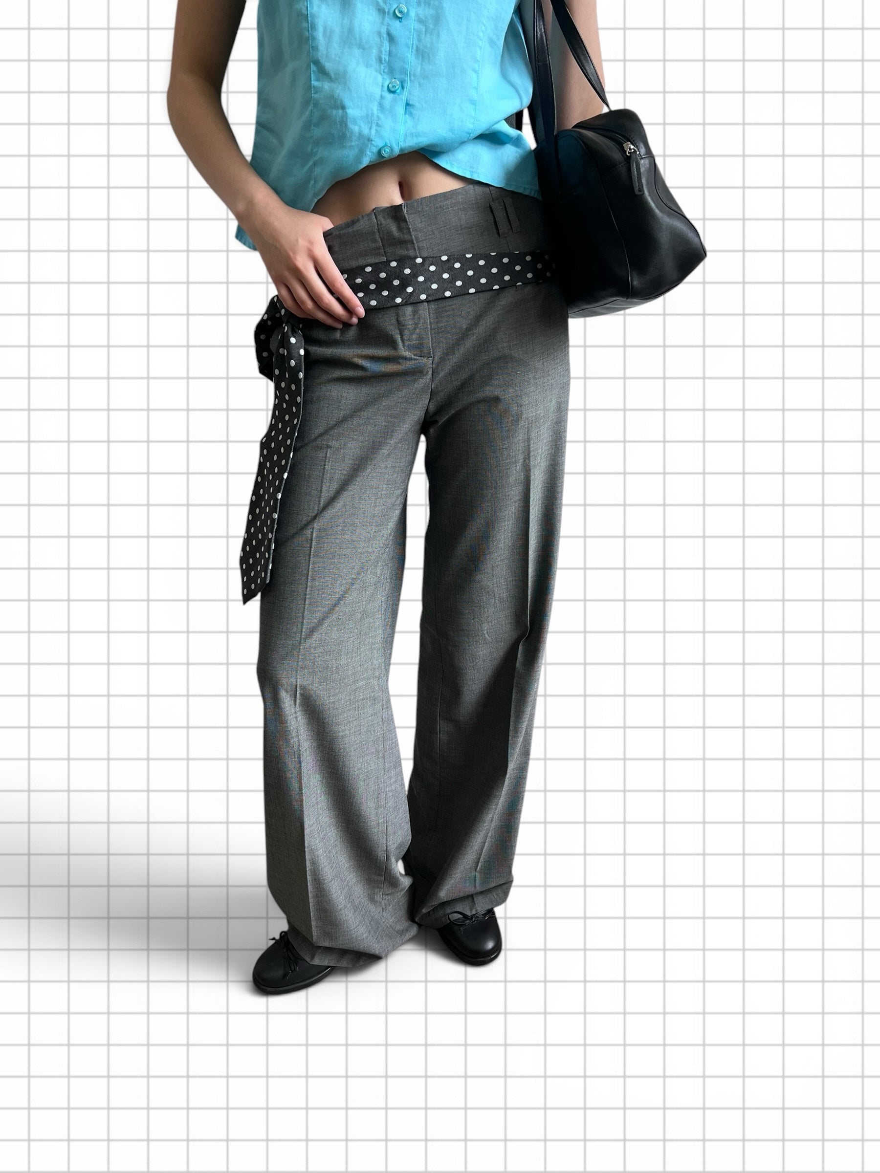 Wieder Wieder grey high-waisted wide-leg tailored trousers with a black and white polka dot waist tie