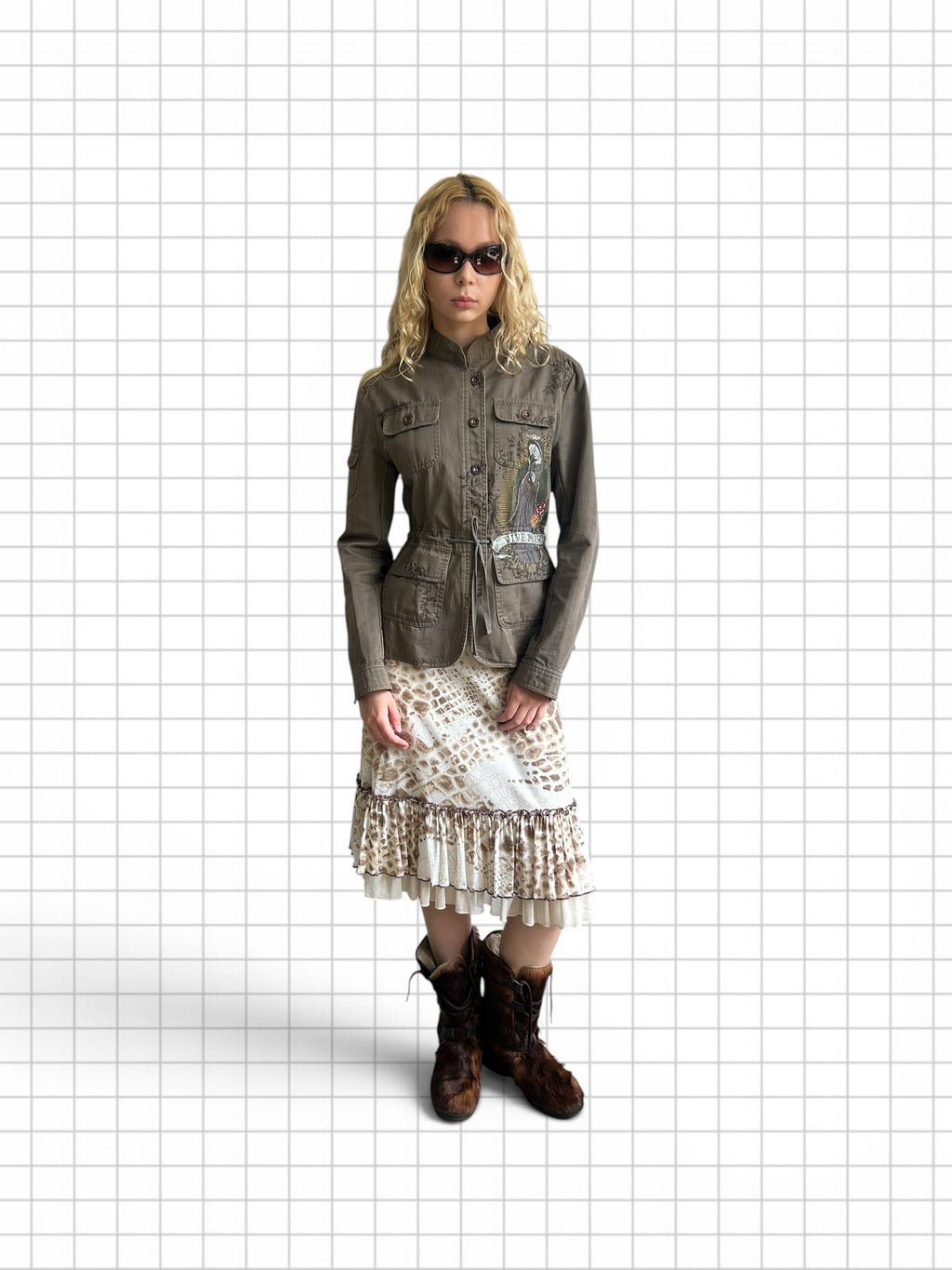 Wieder Wieder olive utility jacket with chest embroidery, mandarin collar, and drawstring waist worn with midi skirt