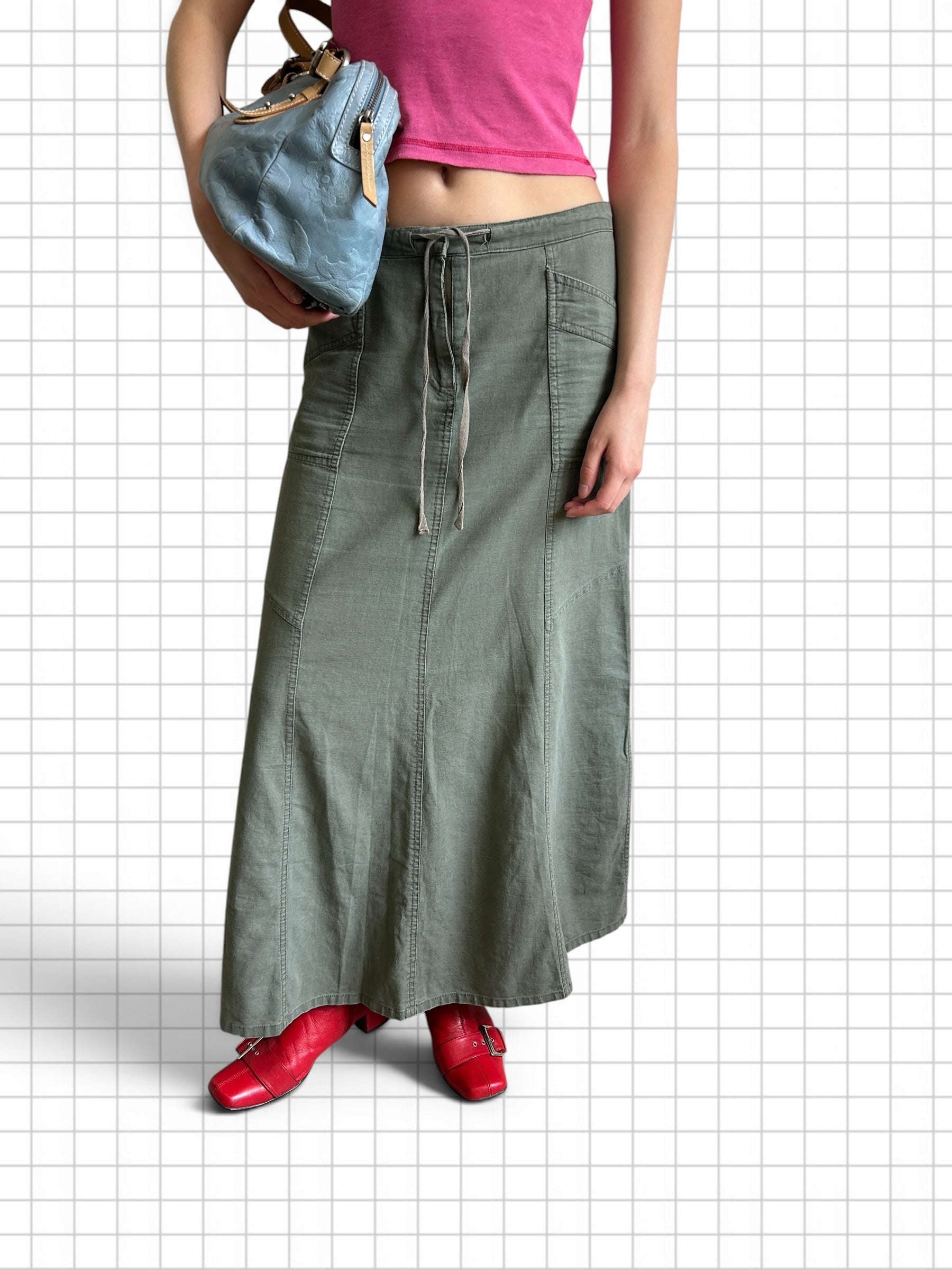 Wieder Wieder olivgrüner Maxi-Rock aus Baumwolle mit Kordelzug, Seitentaschen und A-Linien-Schnitt im Utility-Stil