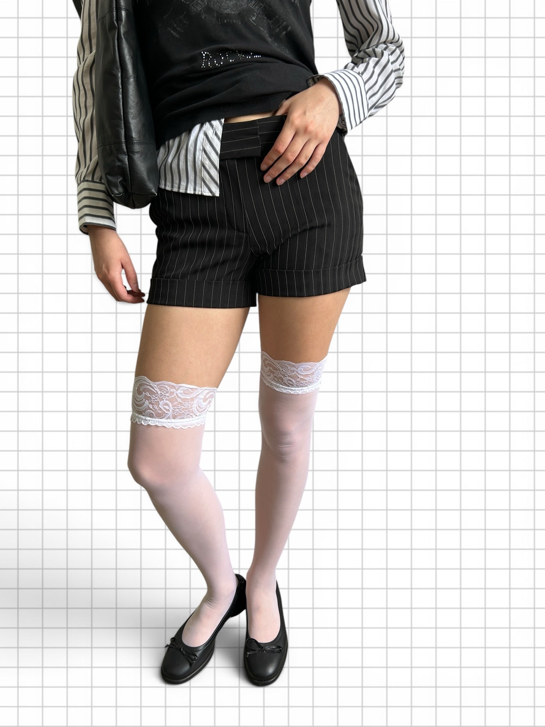 Wieder Wieder pinstripe tailored shorts paired with white semi-sheer over-the-knee stockings featuring floral lace trim.