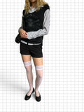 Wieder Wieder white over-the-knee stockings with floral lace trim worn with pinstripe shorts and ballet flats