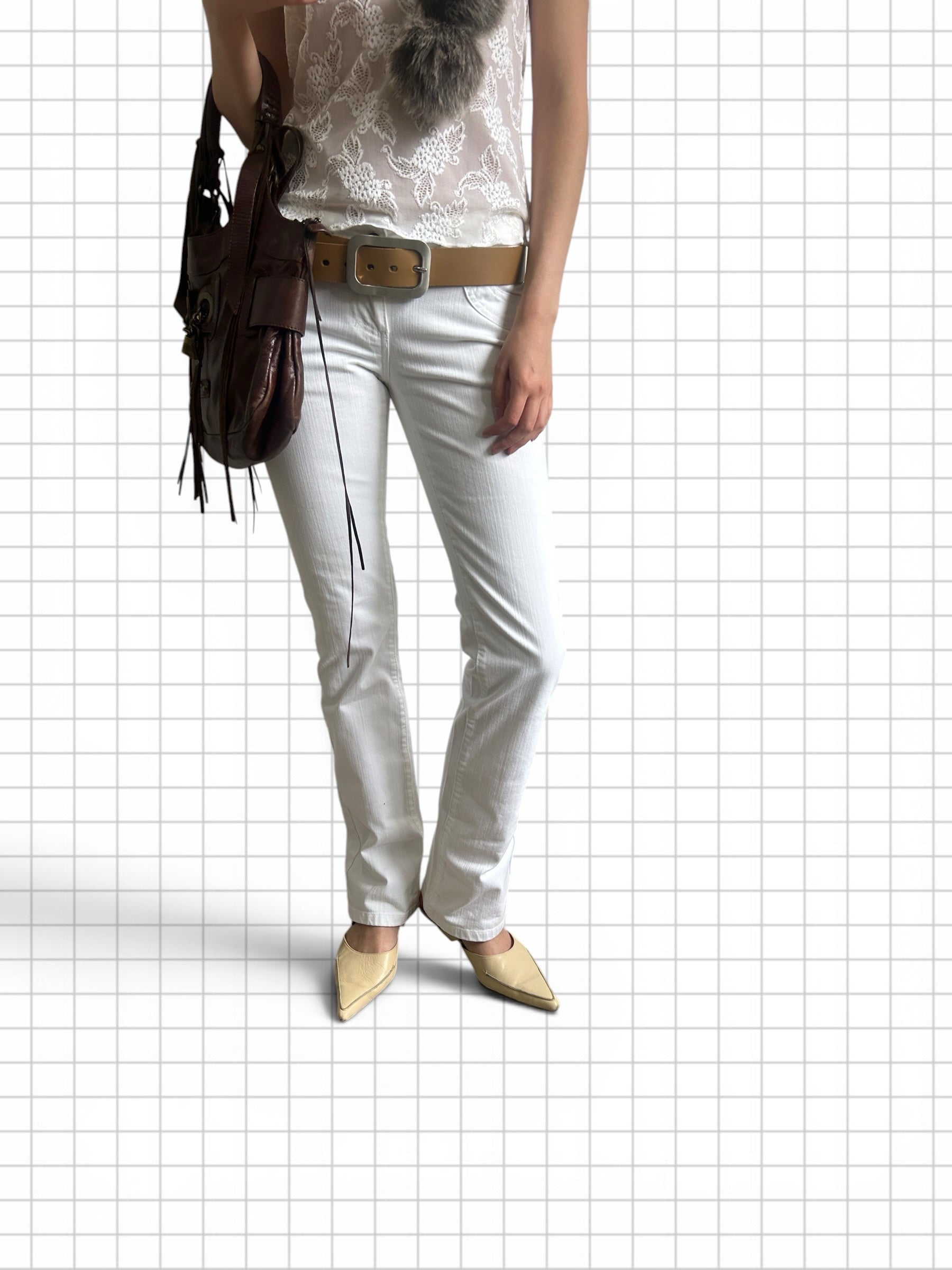 Wieder Wieder white straight leg denim trousers paired with a tan belt, brown bag, and cream pointed-toe flats.